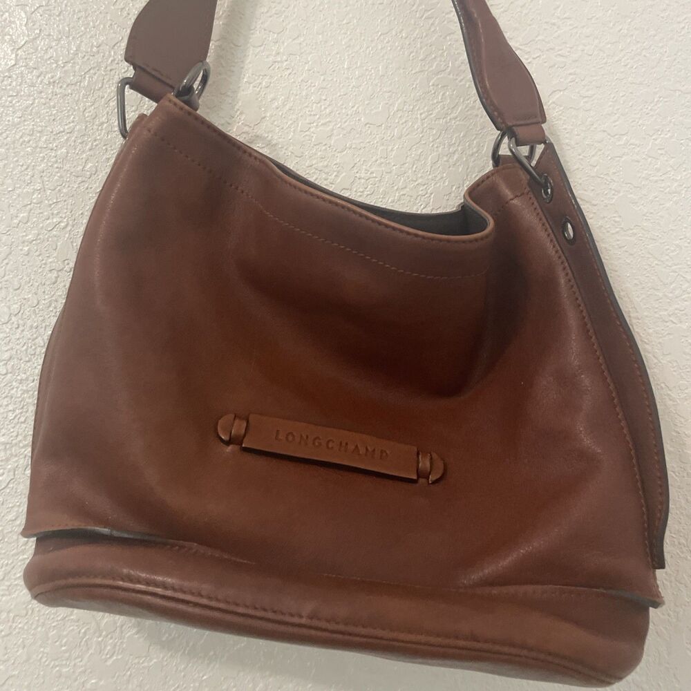 Longchamp Paris Leather Brown Handbag Tote Bag Satchel Purse Classic Preppy See - Picture 9 of 16